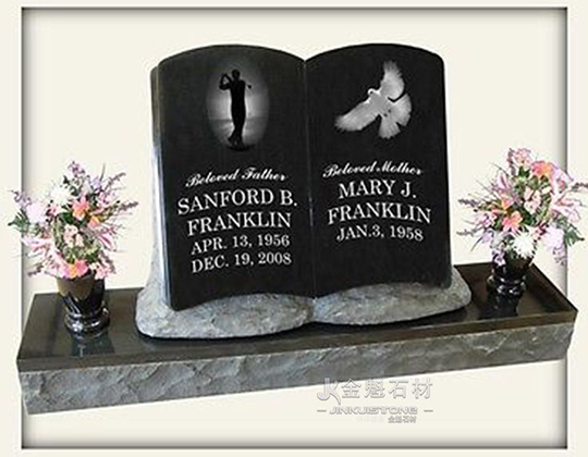 Black granite european style book tombstone with polished black granite vase