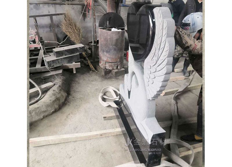 Black Granite Heart-shaped Tombstone with Swan statue