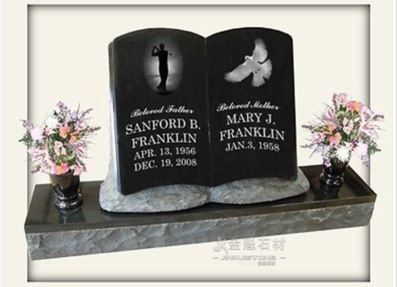 Black Granite European style Book Tombstone with Polished Black Granite Vase