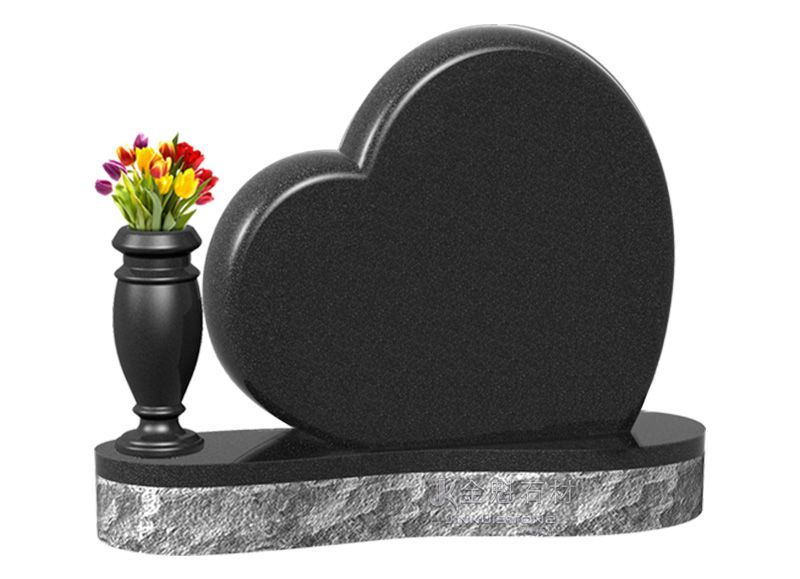 Black Granite Heart Tombstone with flower Carvings and Parchment paper shape