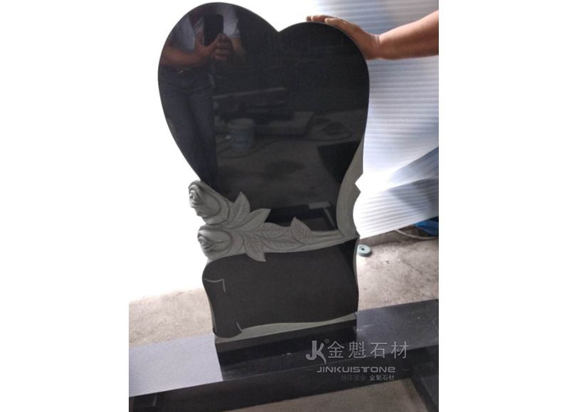 Black Granite Heart Tombstone with flower Carvings and Parchment paper shape