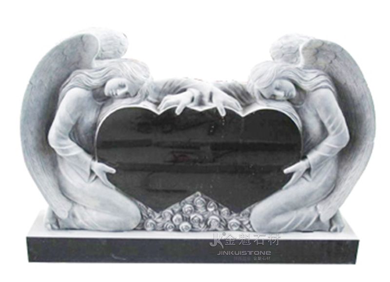 Hand Carved natural Two angels kneeling with double hearts on a granite tombstone