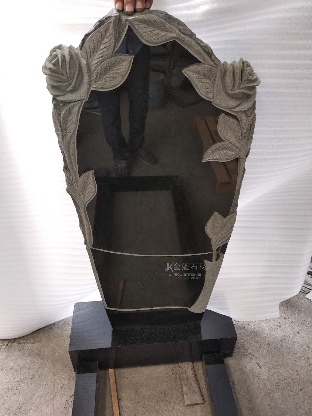 Customized Black Granite Carved Rose Tombstone